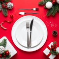Advertising - testimonial photo of new year table red and white flat lay Royalty Free Stock Photo