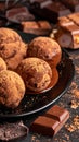 Close up photo of table of cholate include balls, truffles, blocks and melted chocolate Royalty Free Stock Photo