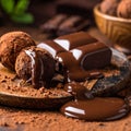 Close up photo of table of cholate include balls, truffles, blocks and melted chocolate Royalty Free Stock Photo