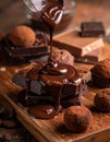Close up photo of table of cholate include balls, truffles, blocks and melted chocolate Royalty Free Stock Photo