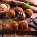 Close up photo of table of cholate include balls, truffles, blocks and melted chocolate Royalty Free Stock Photo