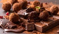 Close up photo of table of cholate include balls, truffles, blocks and melted chocolate Royalty Free Stock Photo