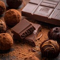 Close up photo of table of cholate include balls, truffles, blocks and melted chocolate Royalty Free Stock Photo