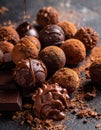 Close up photo of table of cholate include balls, truffles, blocks and melted chocolate Royalty Free Stock Photo