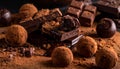 Close up photo of table of cholate include balls, truffles, blocks and melted chocolate Royalty Free Stock Photo
