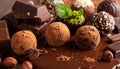 Close up photo of table of cholate include balls, truffles, blocks and melted chocolate Royalty Free Stock Photo