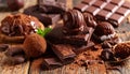 Close up photo of table of cholate include balls, truffles, blocks and melted chocolate Royalty Free Stock Photo