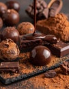 Close up photo of table of cholate include balls, truffles, blocks and melted chocolate Royalty Free Stock Photo