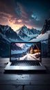 A laptop on a wooden surface displays an image of a winter landscape featuring a wooden cabin Royalty Free Stock Photo