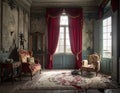 Ornate, vintage interior features an elegantly decayed room with richly textured, red draped curtains framing tall windows Royalty Free Stock Photo