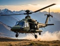 Military helicopter hovering near mountainous terrain during sunset Royalty Free Stock Photo