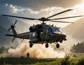 Military helicopter hovering above a grassy field as a soldier runs beneath it Royalty Free Stock Photo