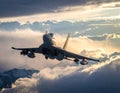 A fighter jet flying above a cloudy sky, illuminated by the golden glow of the setting sun. Royalty Free Stock Photo