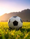 A soccer ball rests on vibrant green grass, set against a backdrop of rolling hills and a clear sky Royalty Free Stock Photo