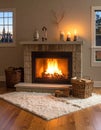 Cozy living room with a stone fireplace featuring a blazing fire Royalty Free Stock Photo