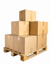 Boxes (all the same size and shape) stacked on a palette neatly. low angle, white background. Royalty Free Stock Photo