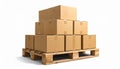 Boxes (all the same size and shape) stacked on a palette neatly. low angle, white background. Royalty Free Stock Photo