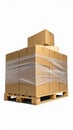 Boxes (all the same size and shape) stacked on a palette neatly. low angle, white background. Royalty Free Stock Photo