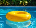 Yellow pool float, floating ring in a refreshing blue swimming pool. Royalty Free Stock Photo