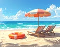 Beach umbrella with chairs, inflatable ring on beach sand. summer vacation concept. Royalty Free Stock Photo
