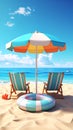 Beach umbrella with chairs, inflatable ring on beach sand. summer vacation concept. Royalty Free Stock Photo
