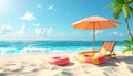 Beach umbrella with chairs, inflatable ring on beach sand. summer vacation concept. Royalty Free Stock Photo
