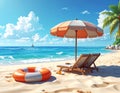 Beach umbrella with chairs, inflatable ring on beach sand. summer vacation concept. Royalty Free Stock Photo