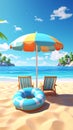 Beach umbrella with chairs, inflatable ring on beach sand. summer vacation concept. Royalty Free Stock Photo
