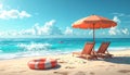 Beach umbrella with chairs, inflatable ring on beach sand. summer vacation concept. Royalty Free Stock Photo
