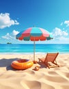Beach umbrella with chairs, inflatable ring on beach sand. summer vacation concept. Royalty Free Stock Photo