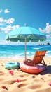 Beach umbrella with chairs, inflatable ring on beach sand. summer vacation concept. Royalty Free Stock Photo