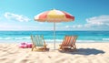 Beach umbrella with chairs, inflatable ring on beach sand. summer vacation concept. Royalty Free Stock Photo