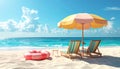 Beach umbrella with chairs, inflatable ring on beach sand. summer vacation concept. Royalty Free Stock Photo