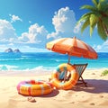 Beach umbrella with chairs, inflatable ring on beach sand. summer vacation concept. Royalty Free Stock Photo