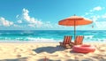 Beach umbrella with chairs, inflatable ring on beach sand. summer vacation concept. Royalty Free Stock Photo