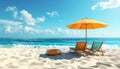 Beach umbrella with chairs, inflatable ring on beach sand. summer vacation concept. Royalty Free Stock Photo