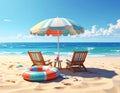 Beach umbrella with chairs, inflatable ring on beach sand. summer vacation concept. Royalty Free Stock Photo