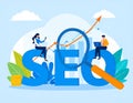 The image illustrates the concept of SEO (Search Engine Optimization) with large blue letters \