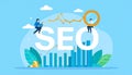 The image illustrates the concept of SEO (Search Engine Optimization) with large blue letters \