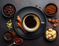 Various spices and seasonings for making aromatic coffee-based drinks. Black coffee Royalty Free Stock Photo