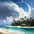 Outdoor photo of remote tropical island with a hurricane coming over the horizen