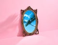 Vintage Ornate Mirror on Pink Wall Reflecting Blue Sky - AI Generated Royalty Free Stock Photo