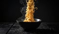 Dark background with golden noodles hovering in the air faithfully ripple Royalty Free Stock Photo