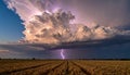 Lavender lightning beneath towering storm clouds over golden wheat field. Generated image Royalty Free Stock Photo