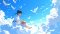 Woman Enjoying a Peaceful Picnic Among Fluffy Clouds and Flying Doves in a Serene Blue Sky Royalty Free Stock Photo