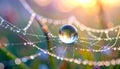 Dew drop on spider web with intricate details and vibrant colors at sunrise Royalty Free Stock Photo