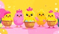 Adorable Easter Chicks with Baskets and Eggs in a Vibrant Cartoon Scene Royalty Free Stock Photo