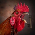 The head of the rooster portrait is close. the rooster has opened the key and screams Royalty Free Stock Photo