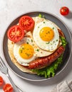 Close-up of a stack of tortillas with egg, sausage and tomatoes on a plate on a table Royalty Free Stock Photo