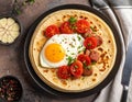 Close-up of a stack of tortillas with egg, sausage and tomatoes on a plate on a table Royalty Free Stock Photo